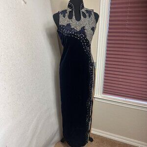 Dress sz M Maxi Silk velvet blue sequin beaded glamour formal prom HOCO elegant